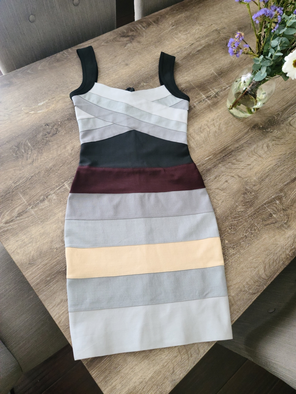 Windsor Black, Gray, Burgundy & Cream Colorblock Bandage Mini Dress